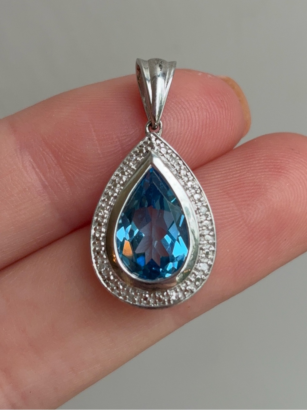 Sterling Silver Diamond Blue Topaz Gemstone Teardrop Pendant
